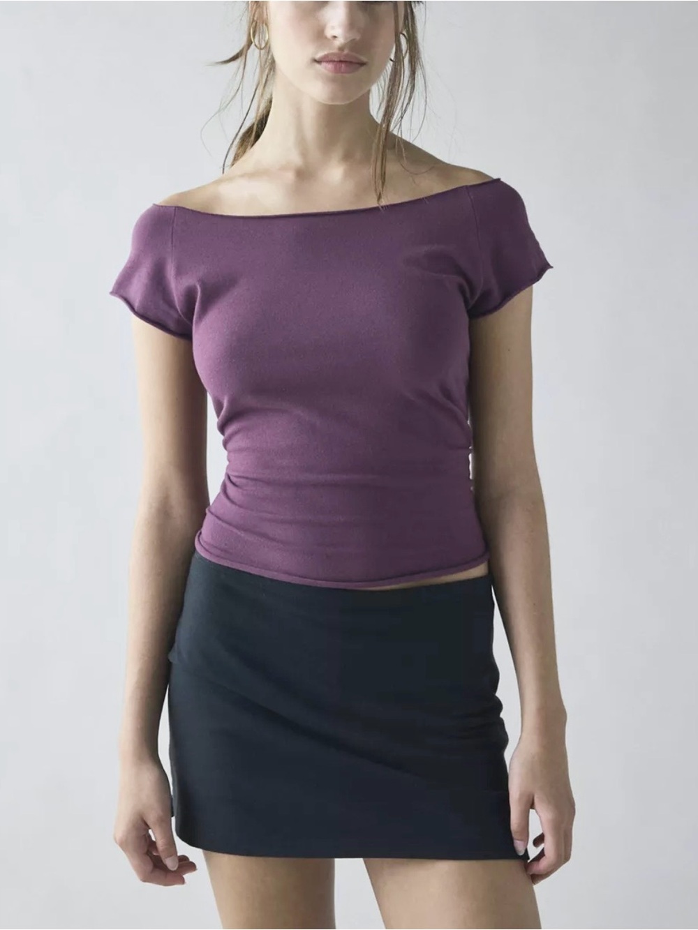 U.O. Out From Under Cropped Fitted Boatneck Tee, Purple, Women’s Size Small